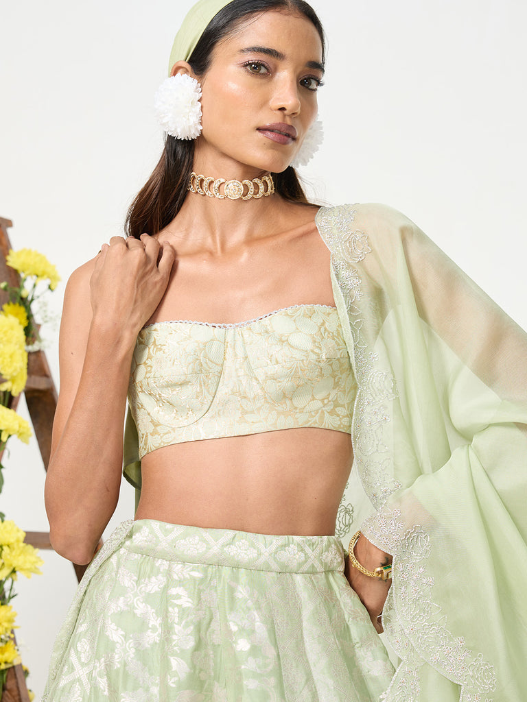 Handwoven Pale Green Banarasi Lehenga