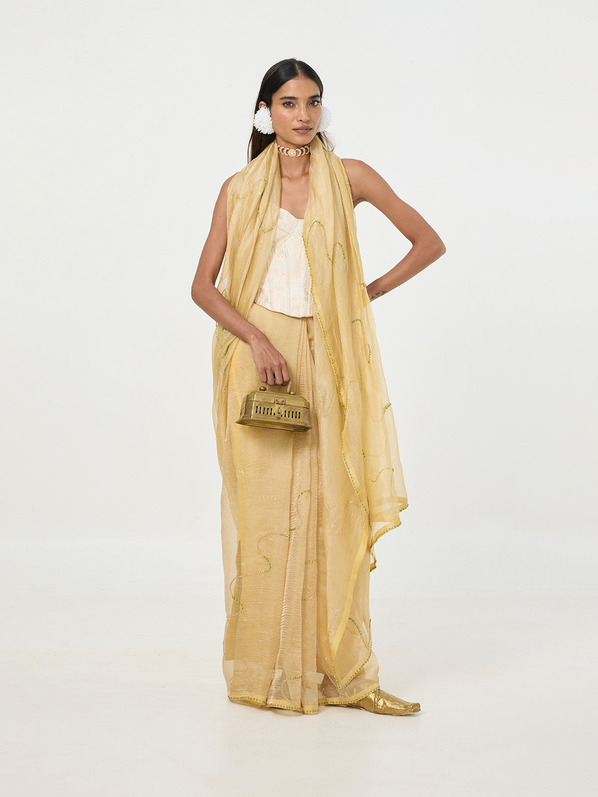 Handwoven Mustard Embroidered Tissue Saree