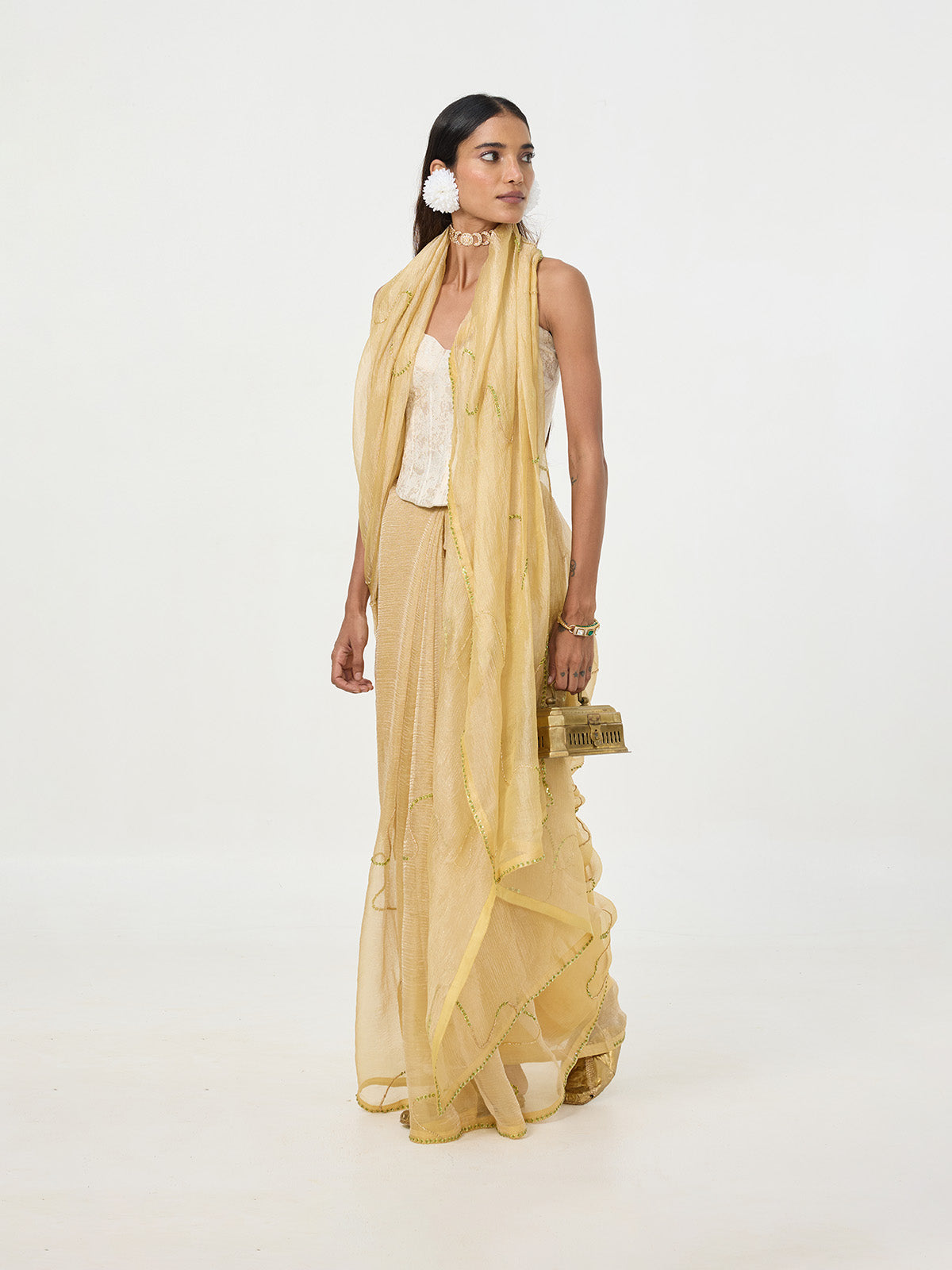 Handwoven Mustard Embroidered Tissue Saree