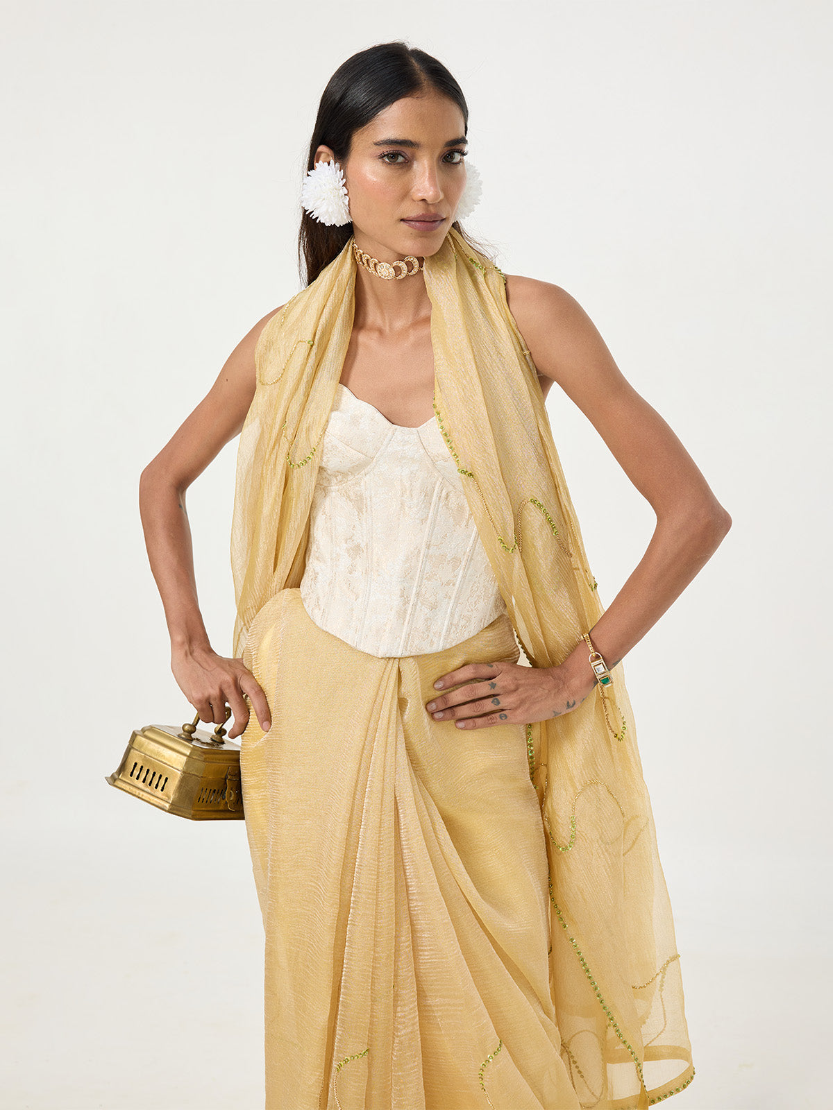 Handwoven Mustard Embroidered Tissue Saree