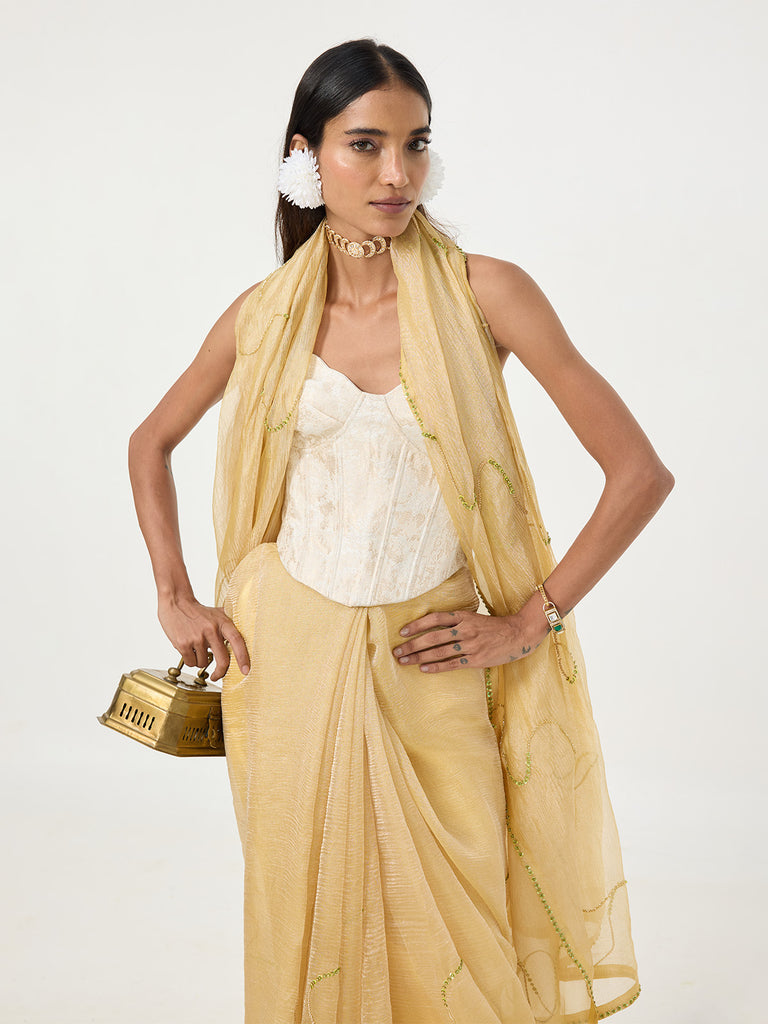 Handwoven Mustard Embroidered Tissue Saree