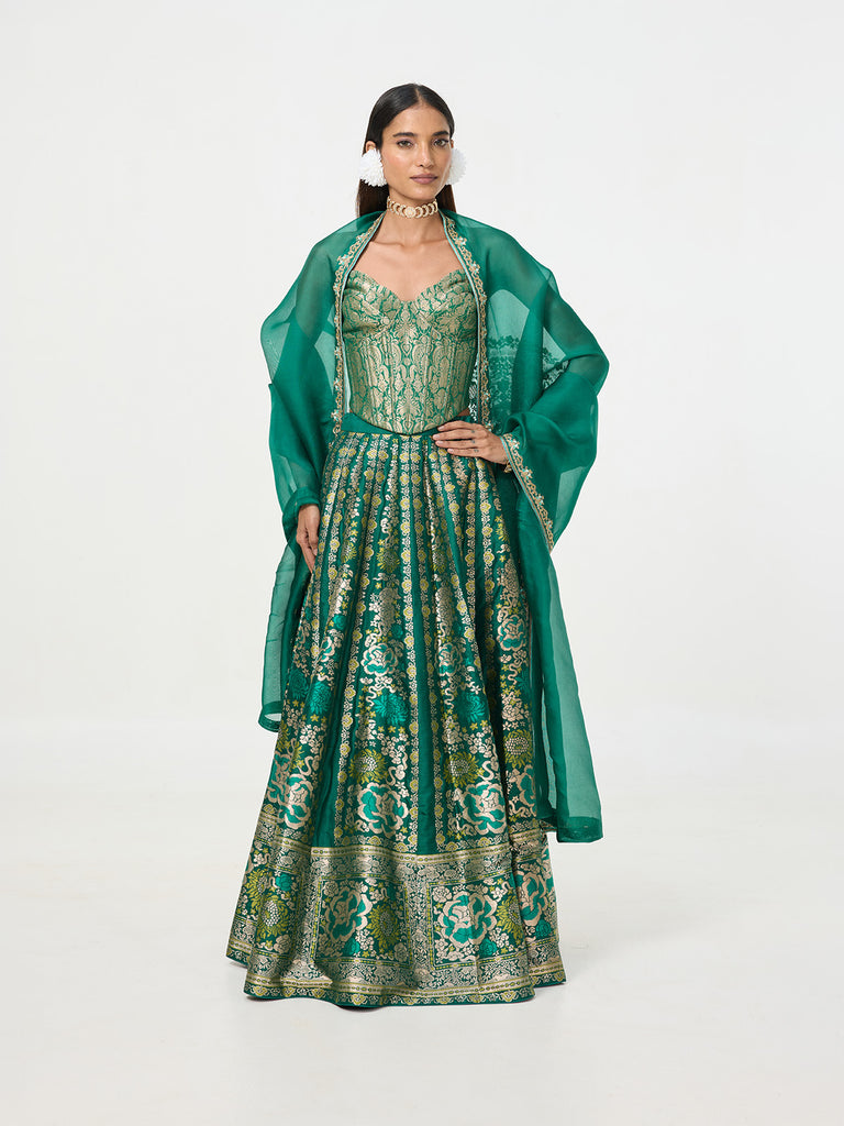 Handwoven Dark Green Banarasi Lehenga