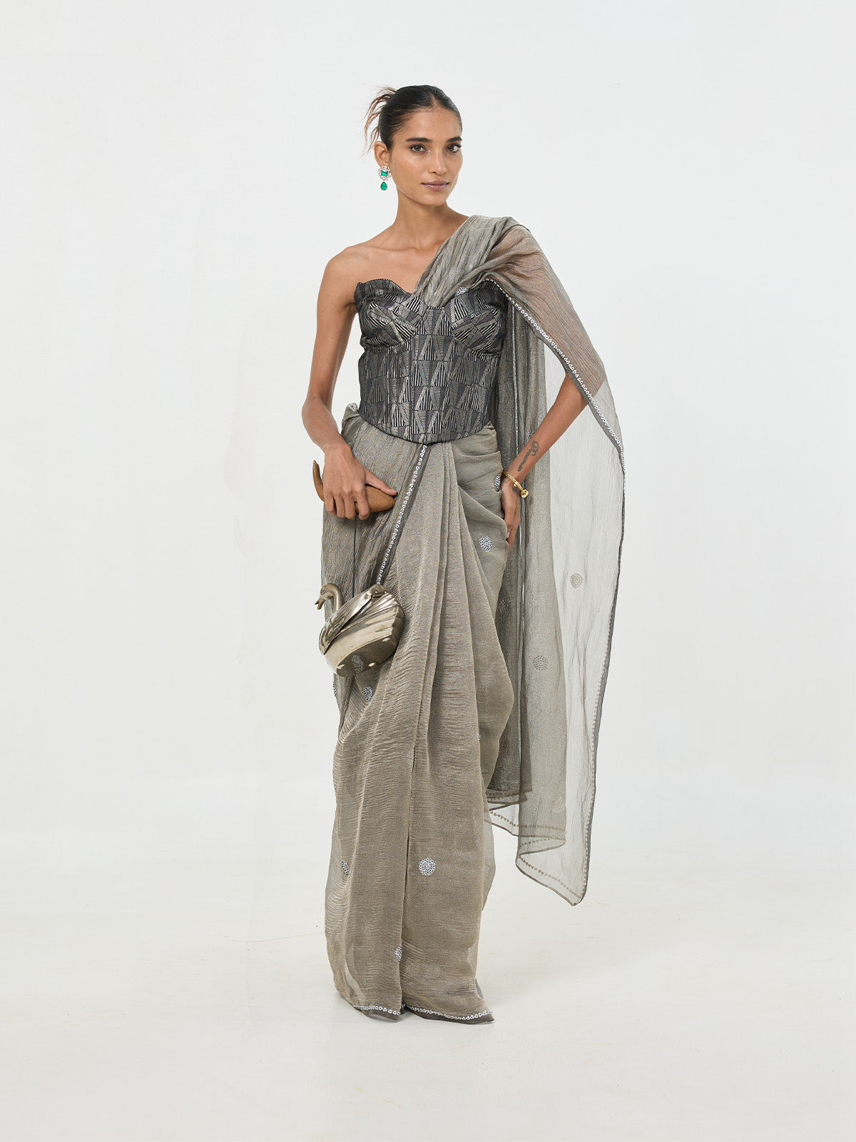 Handwoven Metallic Grey-Black Tissue Saree