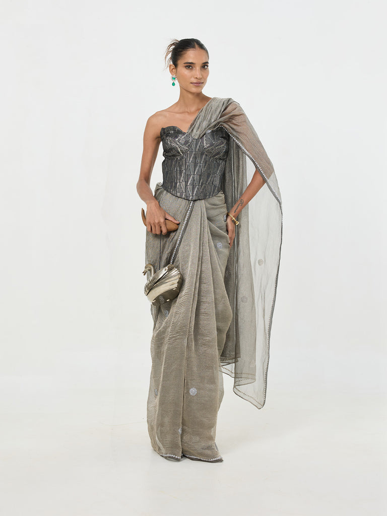 Handwoven Metallic Grey-Black Tissue Saree