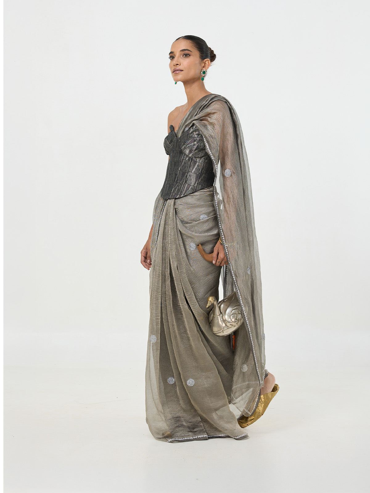 Handwoven Metallic Grey-Black Tissue Saree