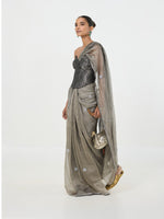 Handwoven Metallic Grey-Black Tissue Saree