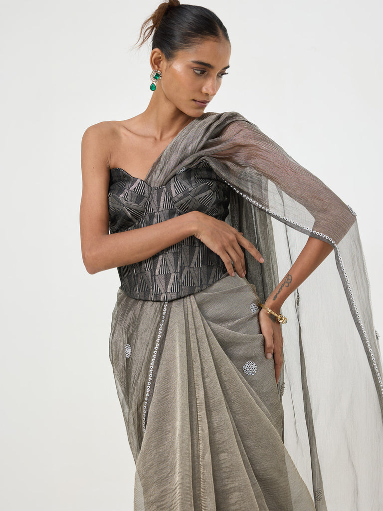 Handwoven Metallic Grey-Black Tissue Saree