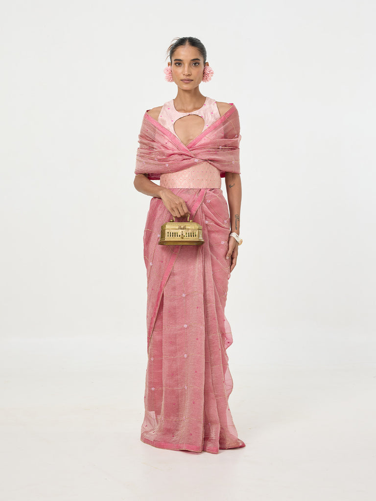 Handwoven Pink Embroidered Tissue Saree