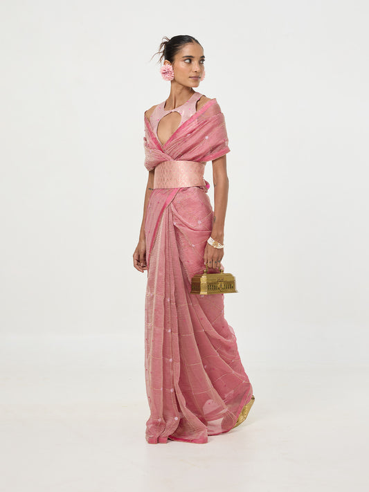 Handwoven Pink Embroidered Tissue Saree