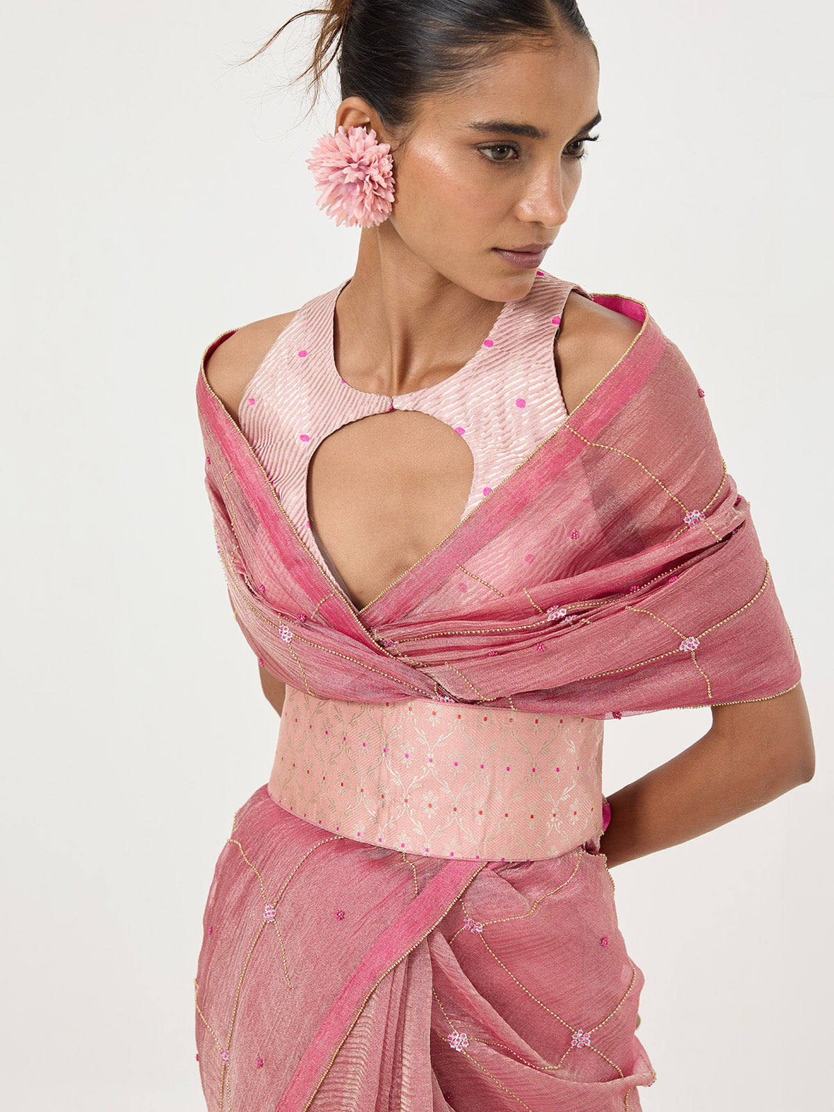 Handwoven Pink Embroidered Tissue Saree