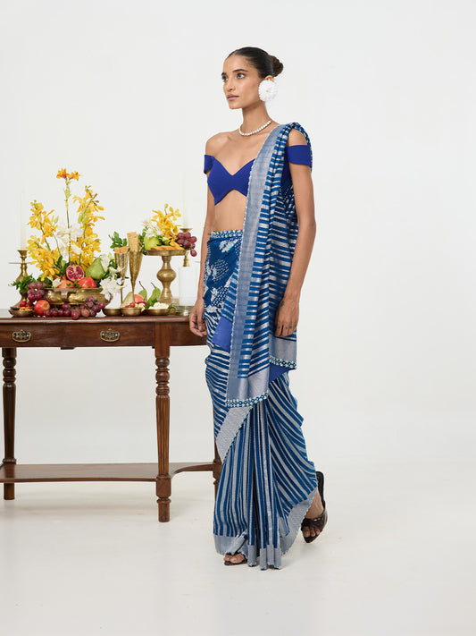 Handwoven Navy Blue Chiffon Saree