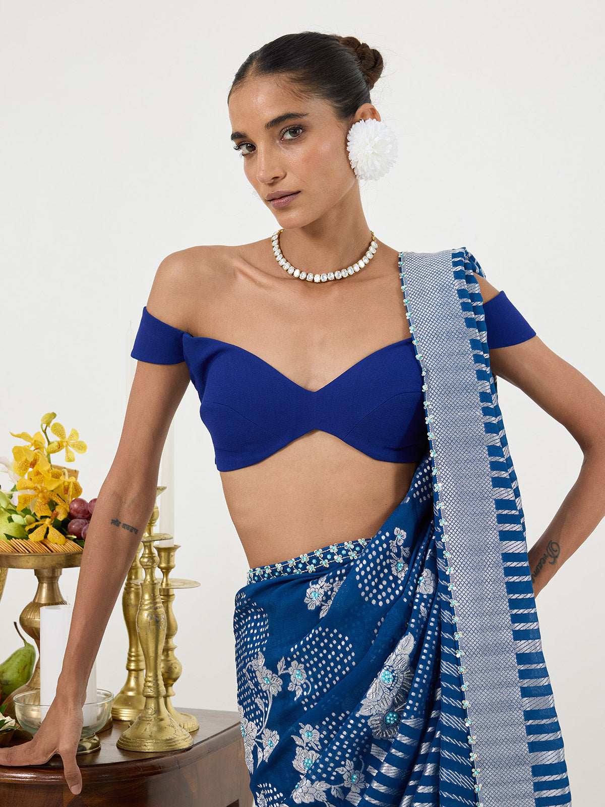 Handwoven Navy Blue Chiffon Saree
