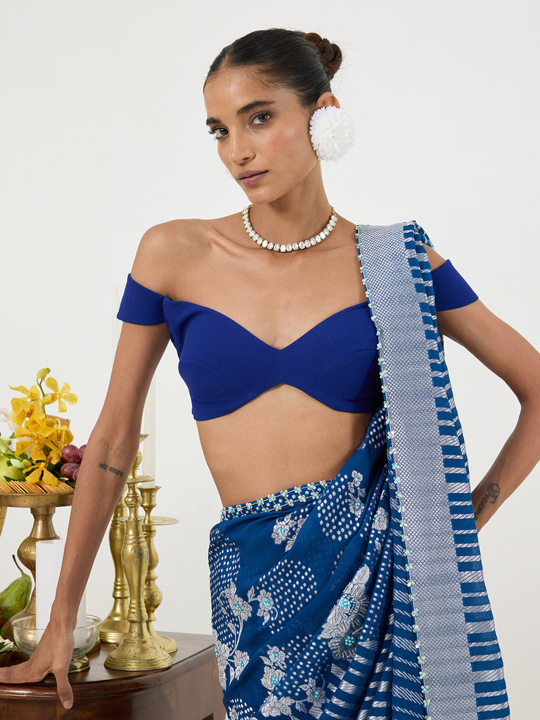Handwoven Navy Blue Chiffon Saree