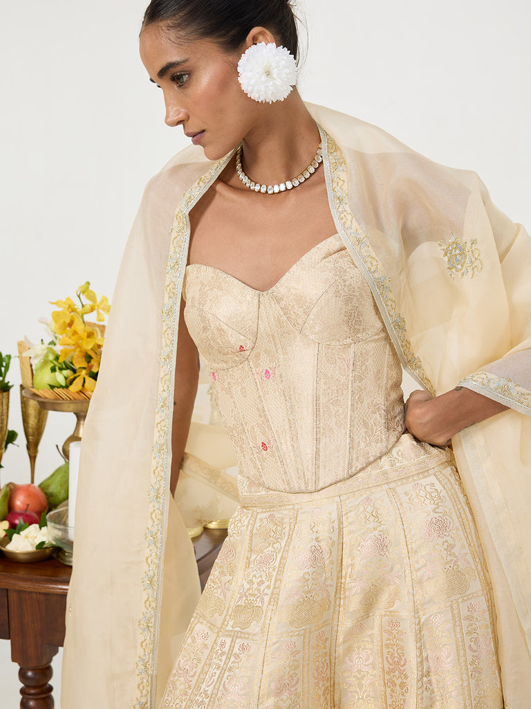 Handwoven Ivory & Gold Banarasi Lehenga