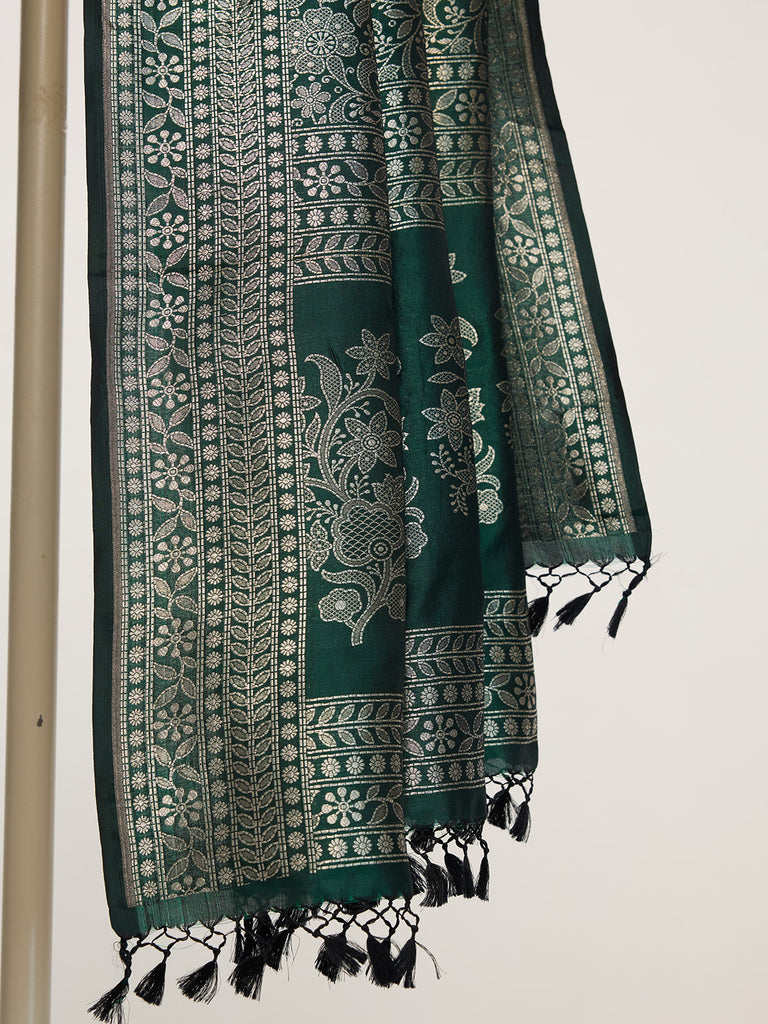 Handwoven Bottle Green Silk Emboss Dupatta