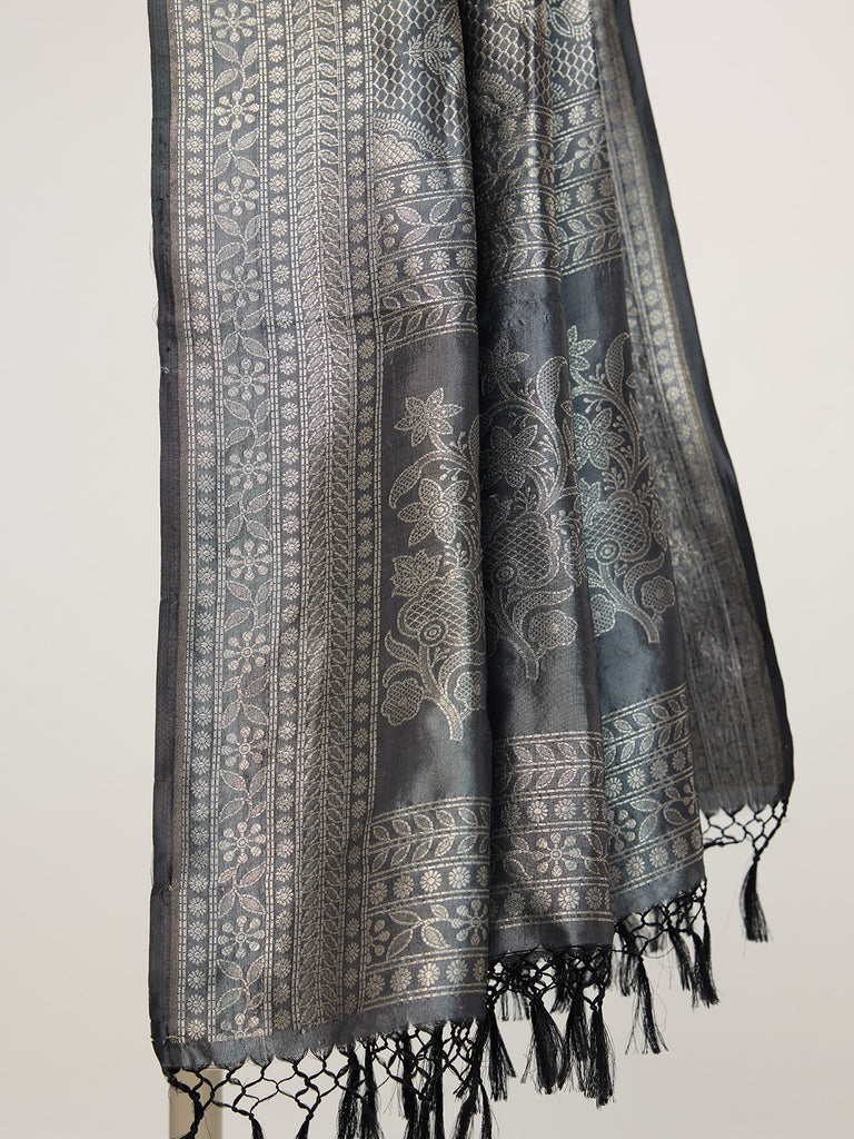 Handwoven Steel Grey Silk Emboss Dupatta