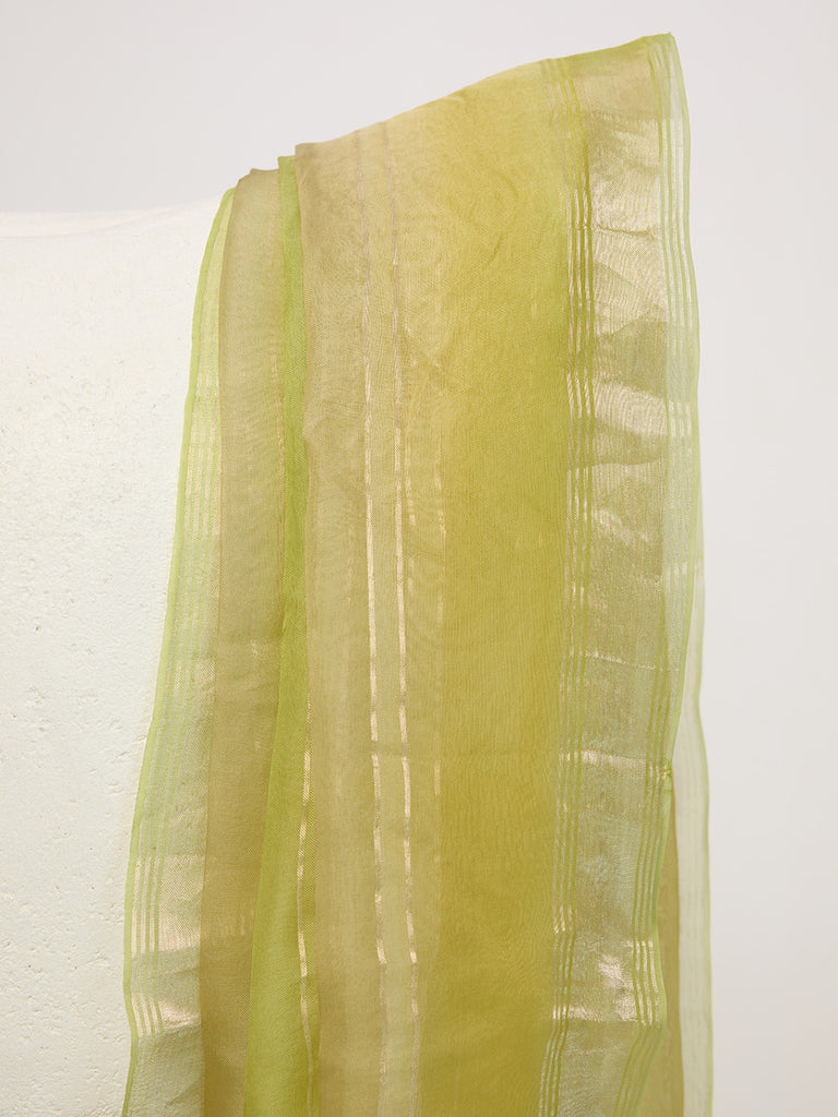 Handwoven Pistachio & Gold Striped Dupatta
