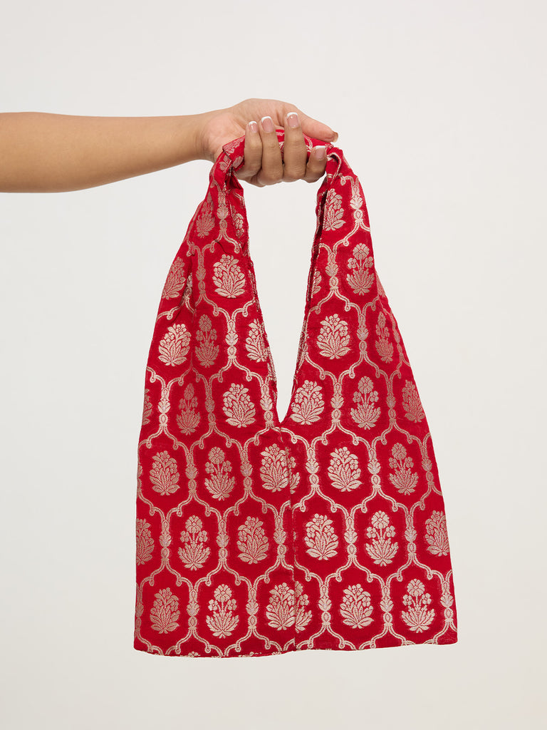 Crimson Red Banarasi Potli Bag