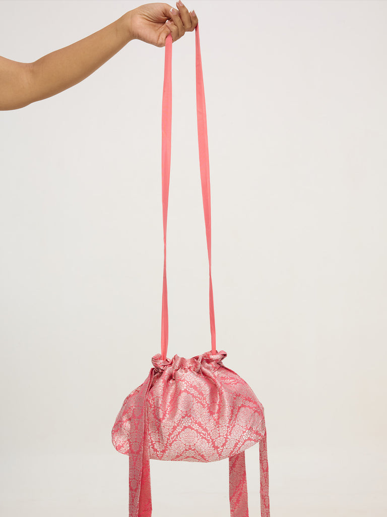 Pink Banarasi Potli Bag