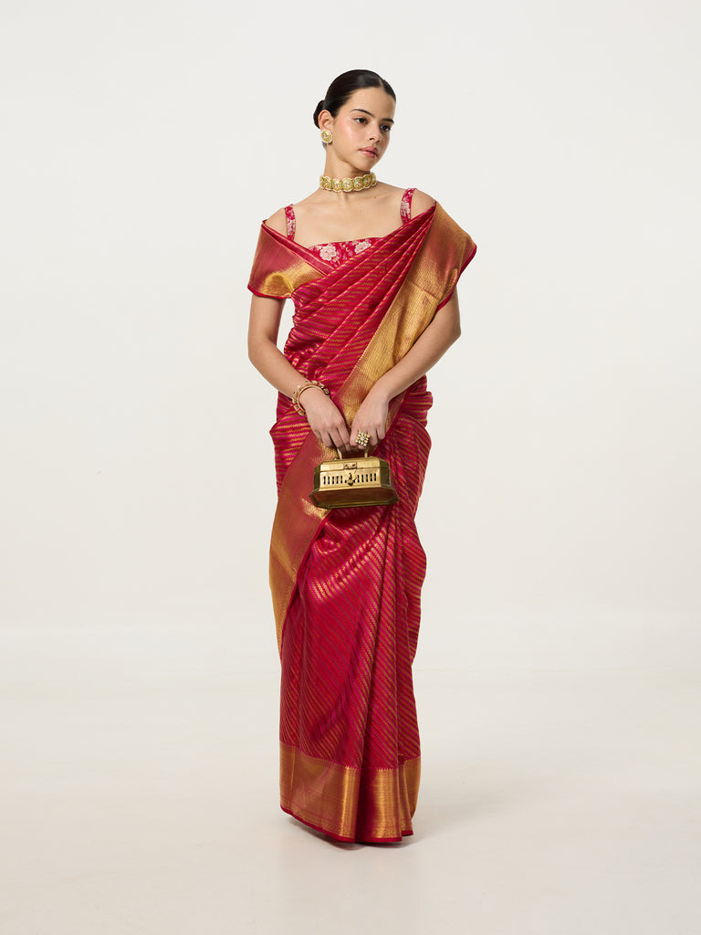 Handwoven Red & Pink Striped Kanjivaram Saree