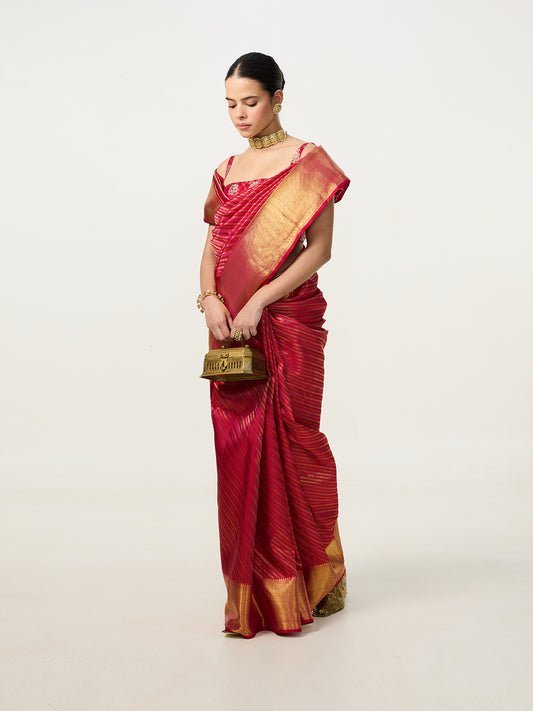 Handwoven Red & Pink Striped Kanjivaram Saree