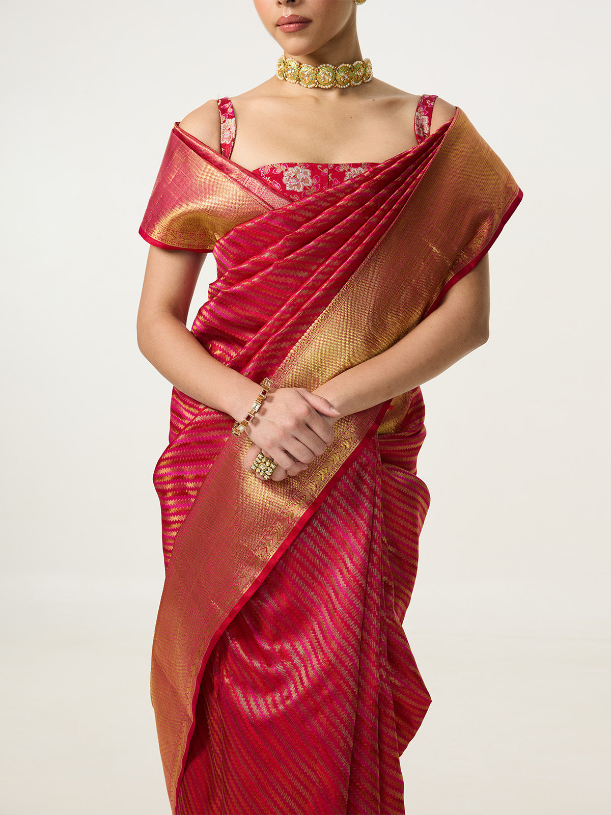Handwoven Red & Pink Striped Kanjivaram Saree