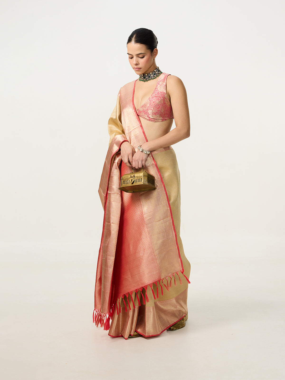 Handwoven Rose Gold Kanjivaram Saree