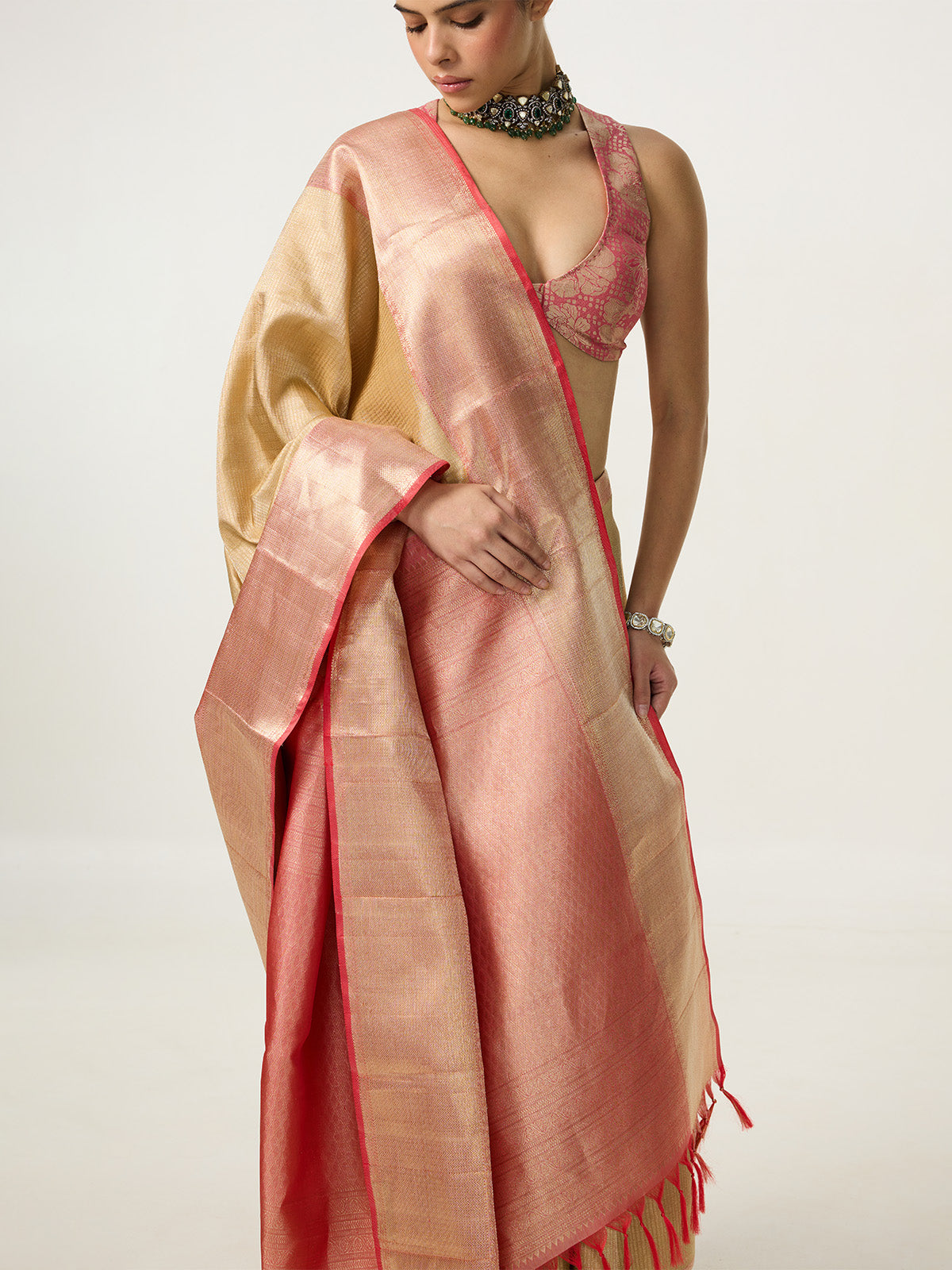 Handwoven Rose Gold Kanjivaram Saree