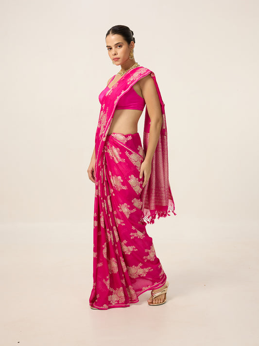 Handwoven Hot Pink Chiffon Saree