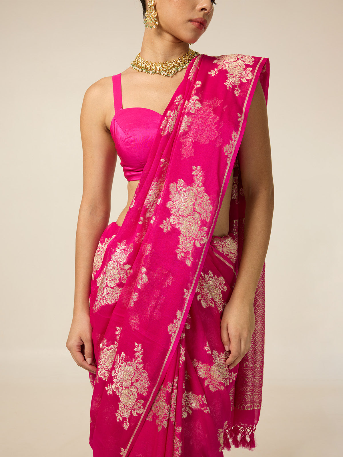 Handwoven Hot Pink Chiffon Saree