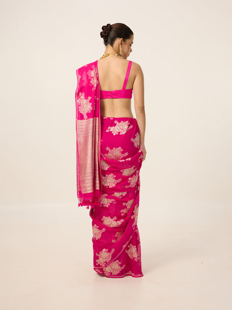 Handwoven Hot Pink Chiffon Saree
