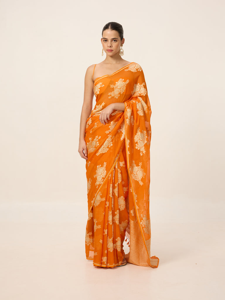 Handwoven Orange Chiffon Saree