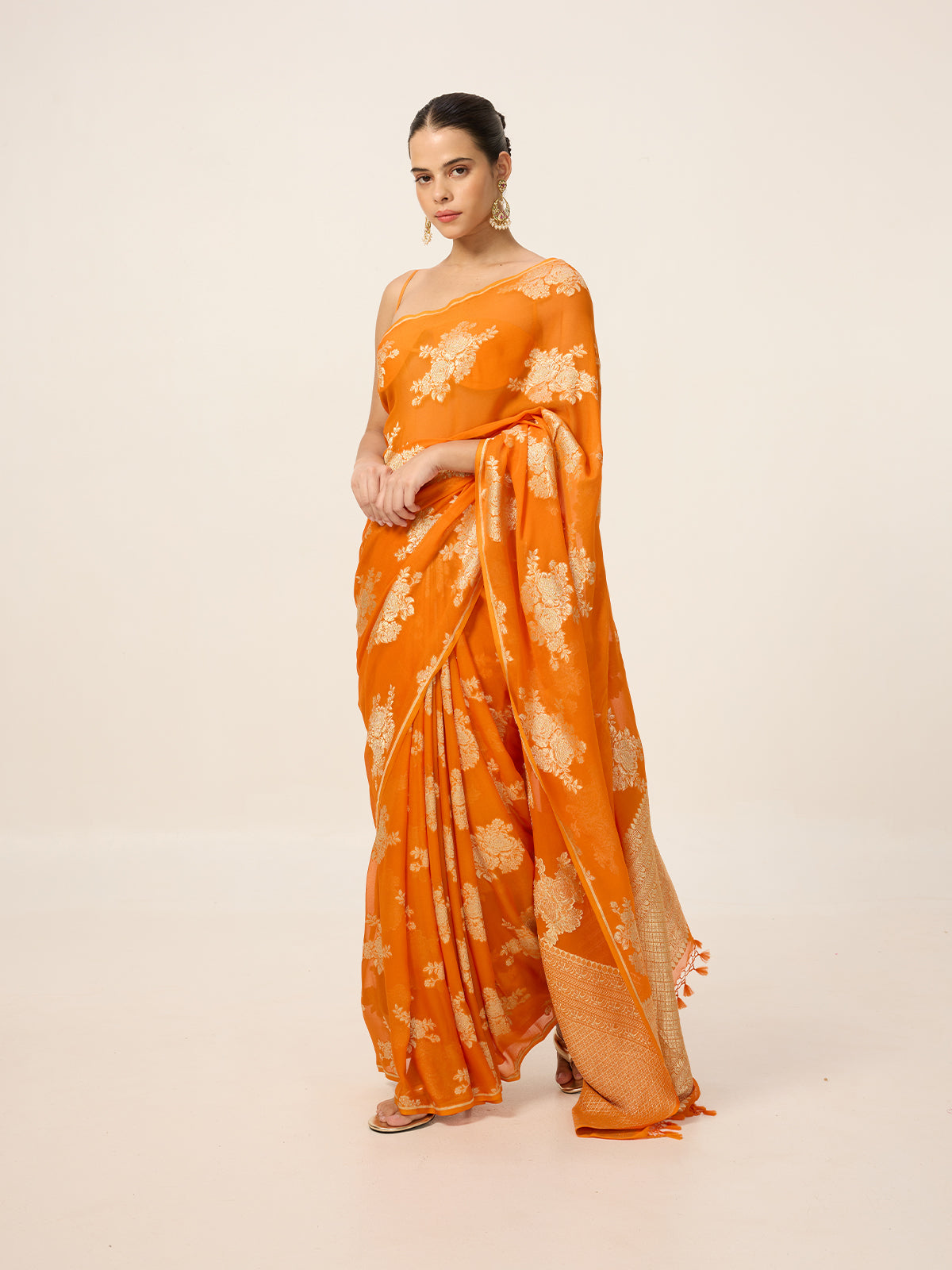 Handwoven Orange Chiffon Saree