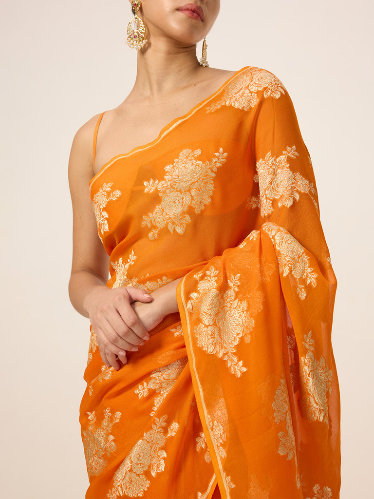 Handwoven Orange Chiffon Saree