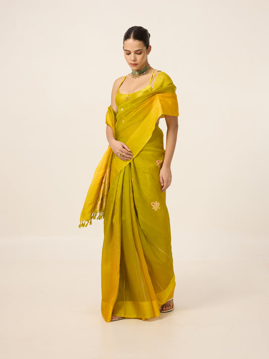 Handwoven Mustard Yellow Organza Saree