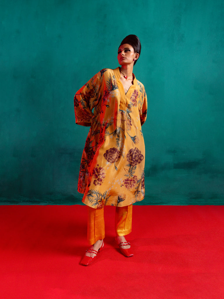 Poppy Yellow Printed Kurta Set