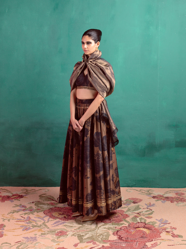 Cedar Brown Hand-Embroidered Lehenga
