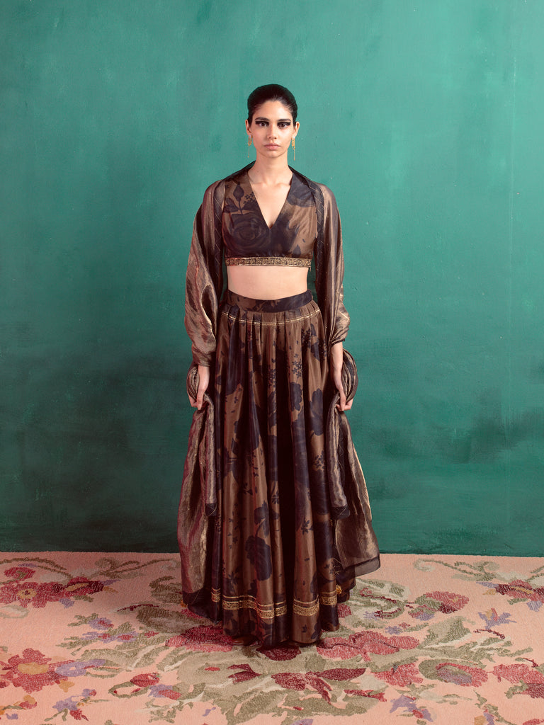 Cedar Brown Hand-Embroidered Lehenga