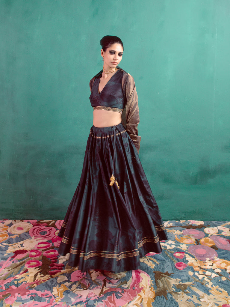 Myrtle Green Hand-Embroidered Lehenga