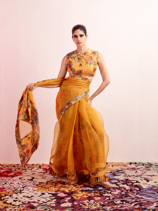 Sepia Yellow Printed Saree