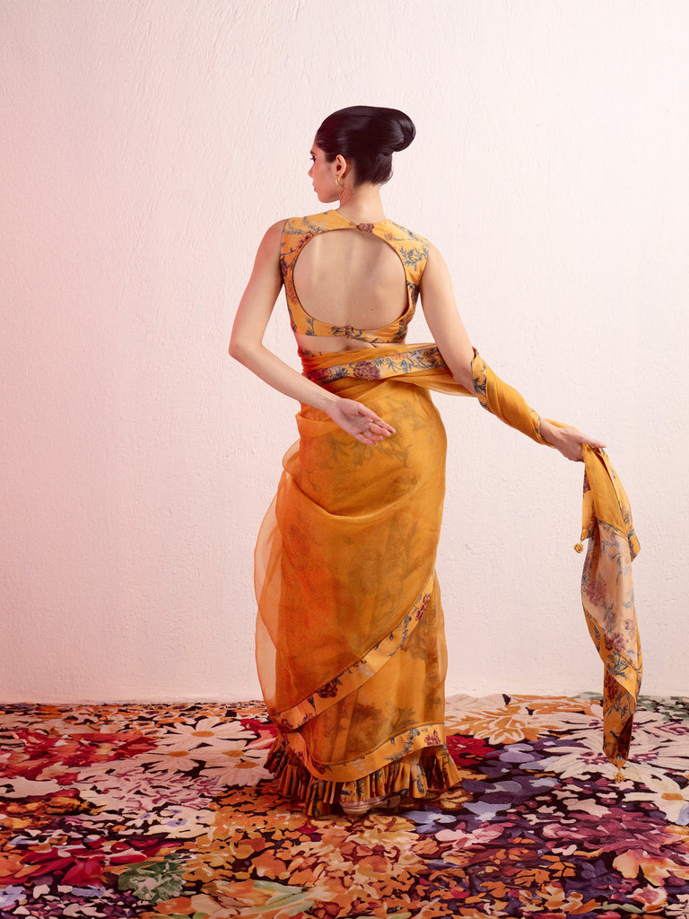 Sepia Yellow Printed Saree
