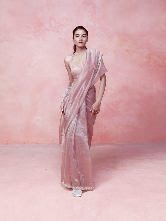 Handwoven Quartz Pink Tissue Saree
