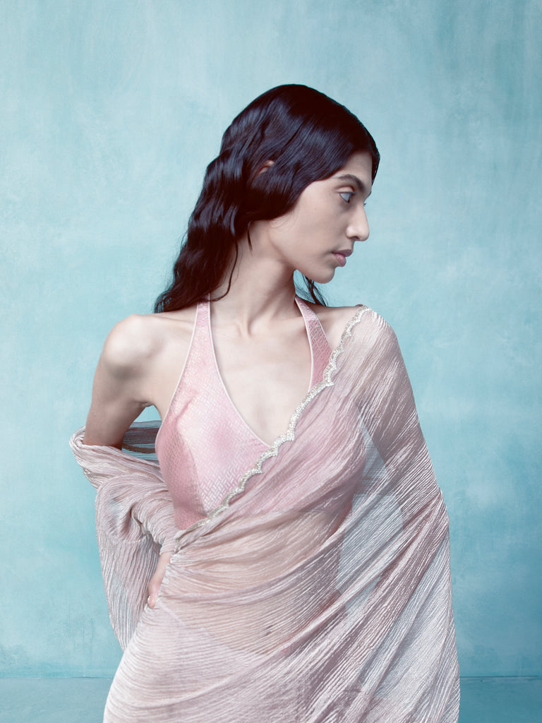 Handwoven Blush Pink Tissue Saree