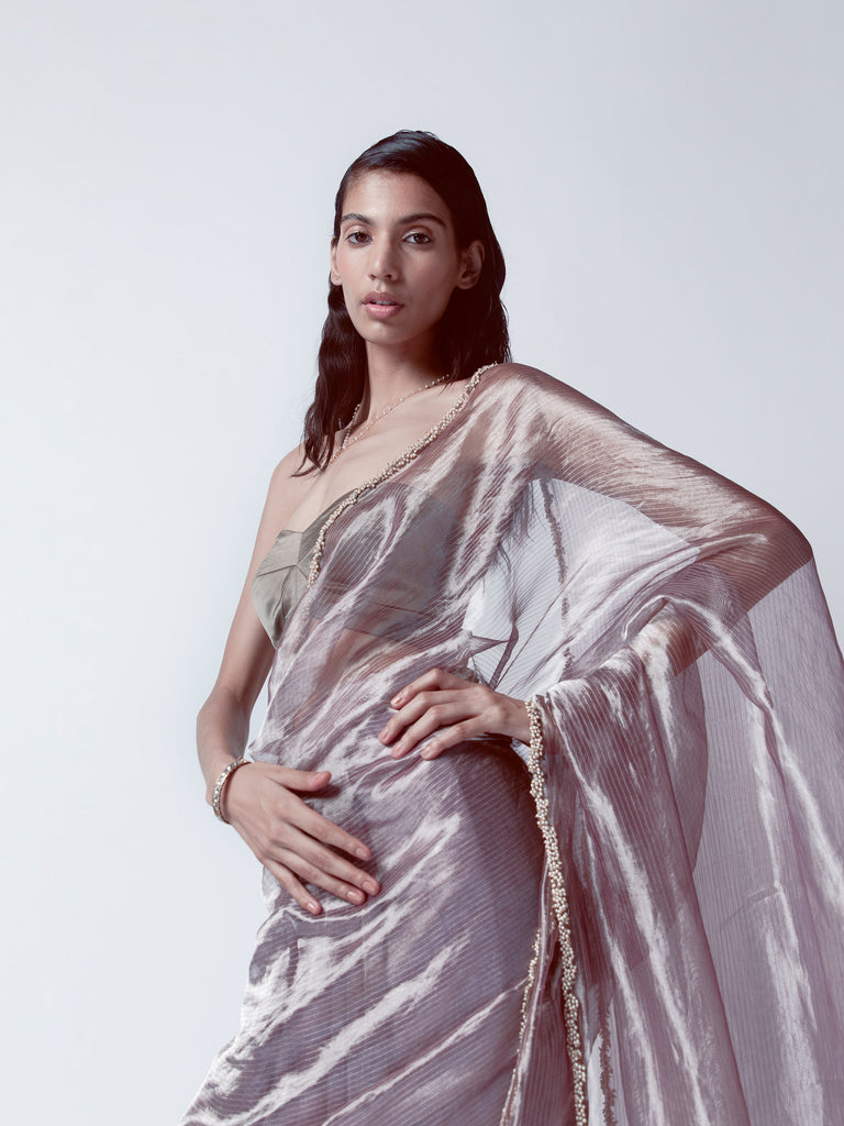 Handwoven Smoky Mauve Tissue Saree