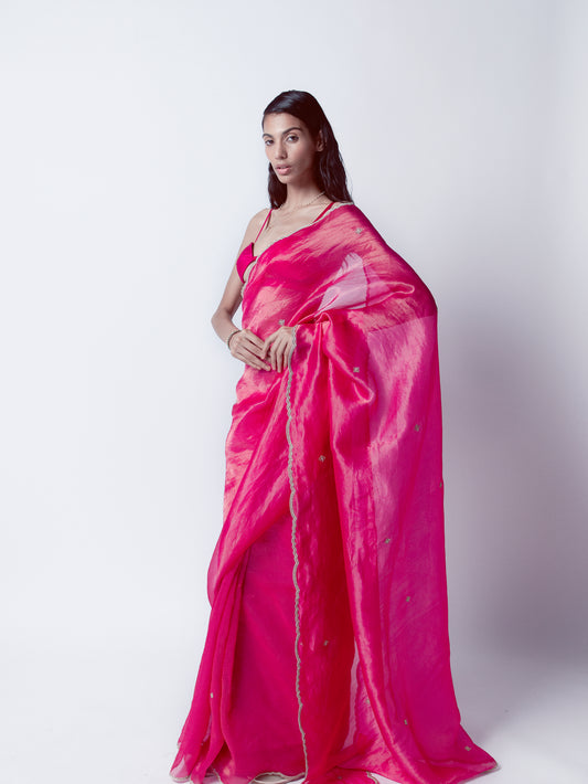 Handwoven Deep Pink Tissue Silk Saree