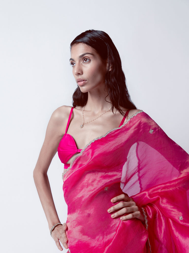 Handwoven Deep Pink Tissue Silk Saree