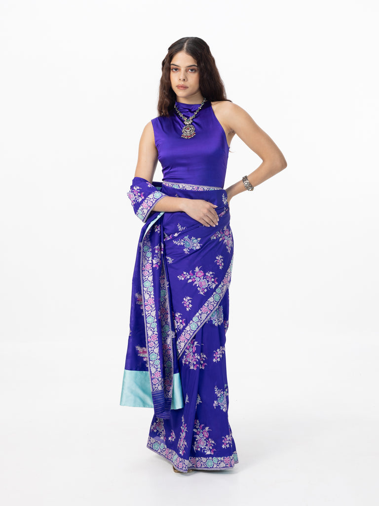 Handwoven Indigo Blue Silk Kadhwa Banarasi Saree