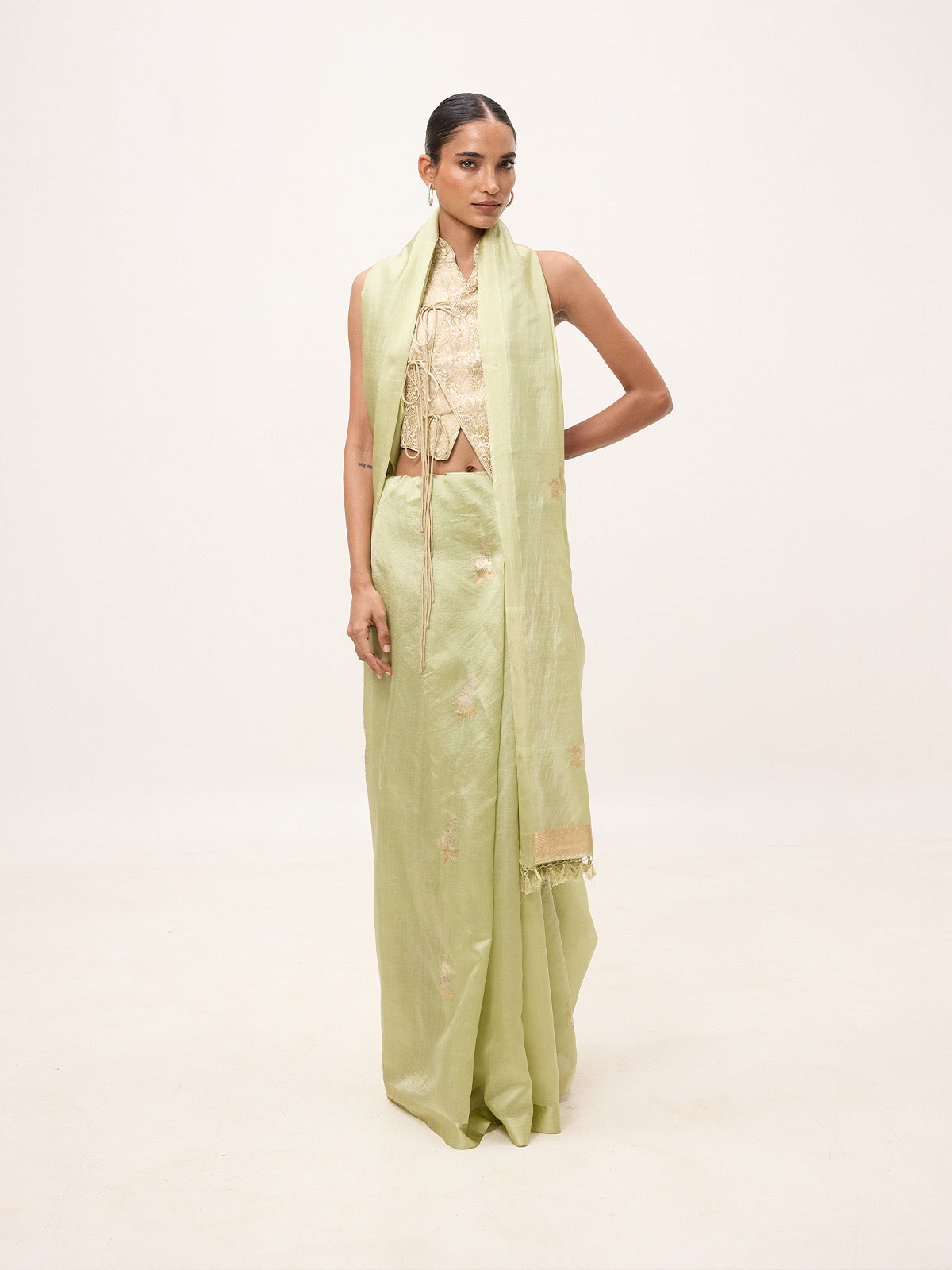 Handwoven Pistachio Green Cotton Banarasi Saree