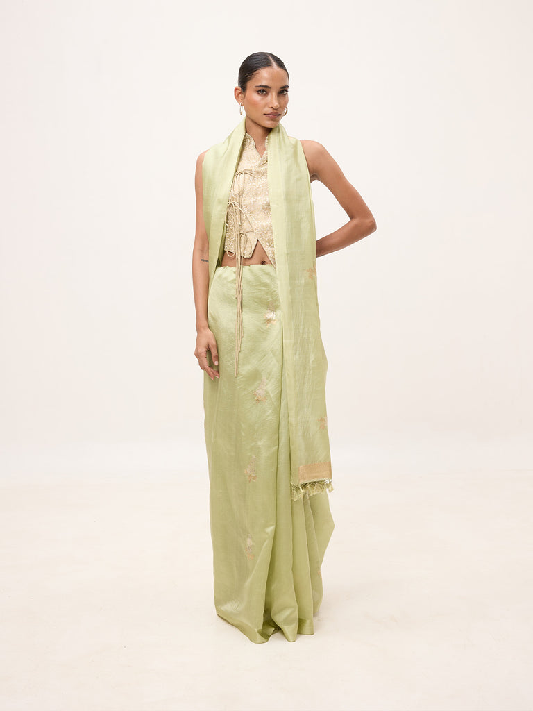 Handwoven Pistachio Green Cotton Banarasi Saree