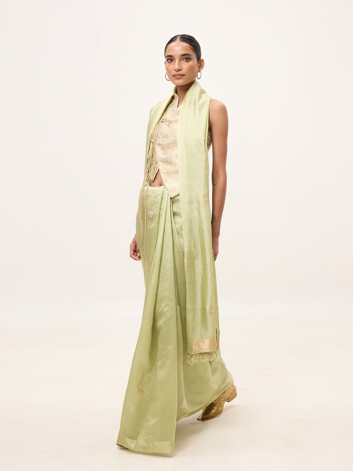 Handwoven Pistachio Green Cotton Banarasi Saree